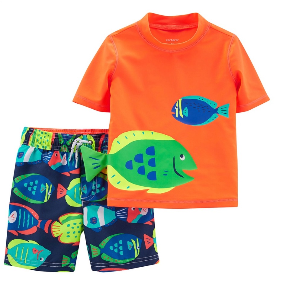 2 Piece Fish Rash Guard Top & Swim Trunks Set